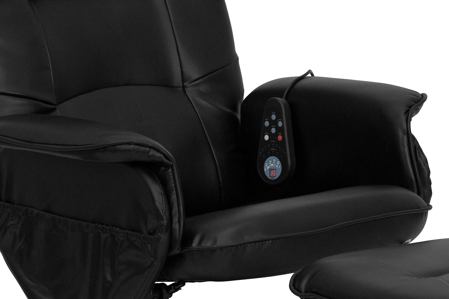 BLNK - Cason Massaging Adjustable Recliner with Deep Side Pockets and Ottoman with Wrapped Base in Black LeatherSoft