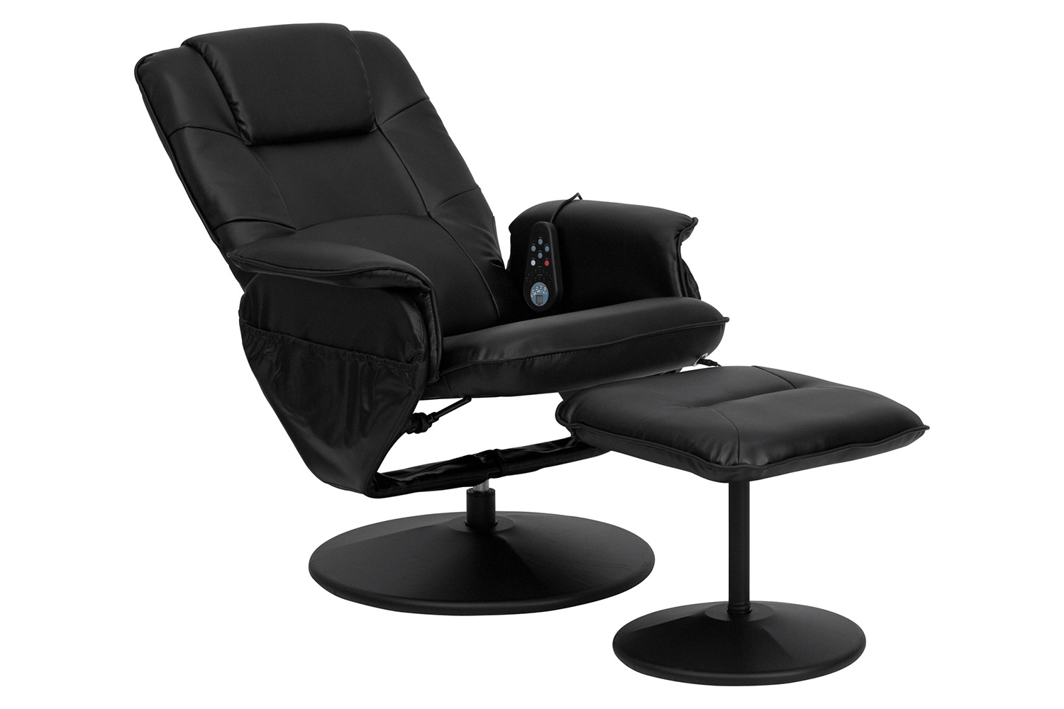 BLNK - Cason Massaging Adjustable Recliner with Deep Side Pockets and Ottoman with Wrapped Base in Black LeatherSoft