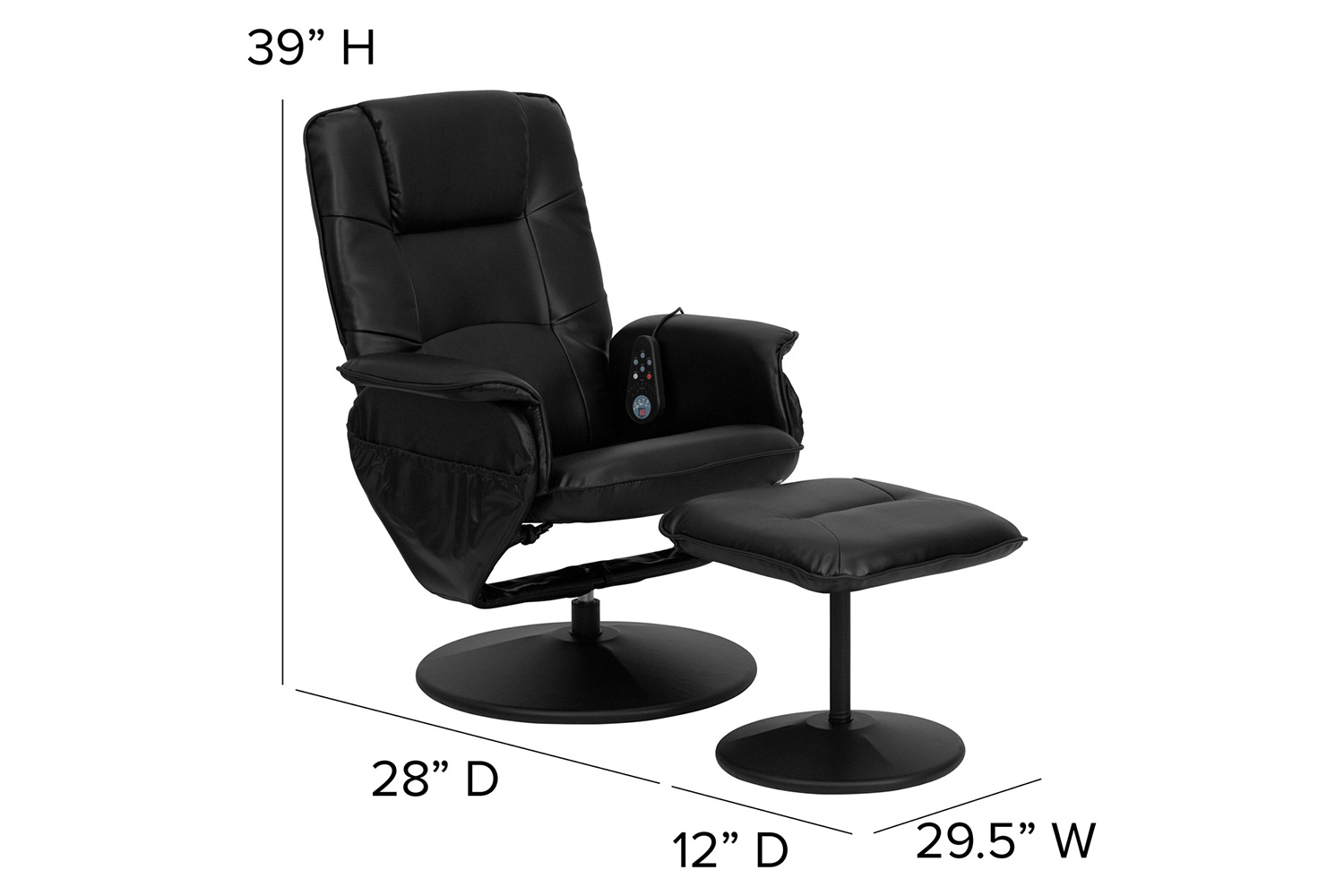 BLNK - Cason Massaging Adjustable Recliner with Deep Side Pockets and Ottoman with Wrapped Base in Black LeatherSoft