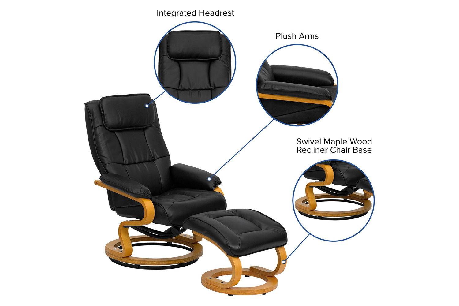 BLNK Davies LeatherSoft Contemporary Adjustable Recliner and Ottoman with Swivel Maple Wood Base - Black