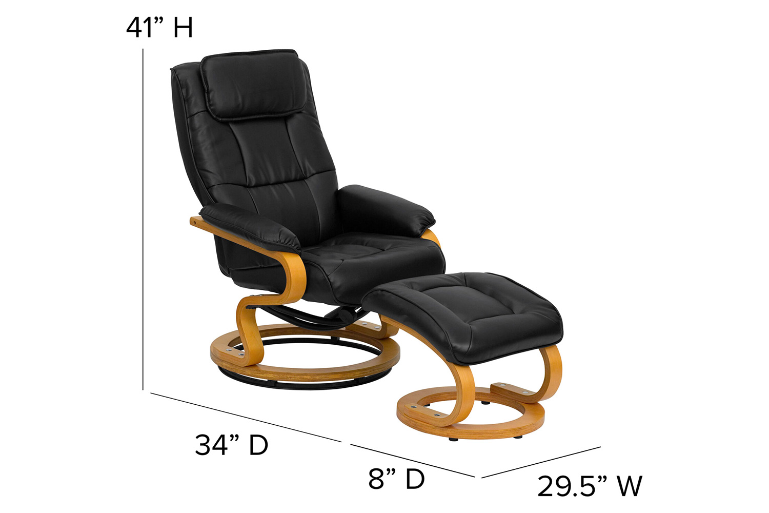 BLNK Davies LeatherSoft Contemporary Adjustable Recliner and Ottoman with Swivel Maple Wood Base - Black