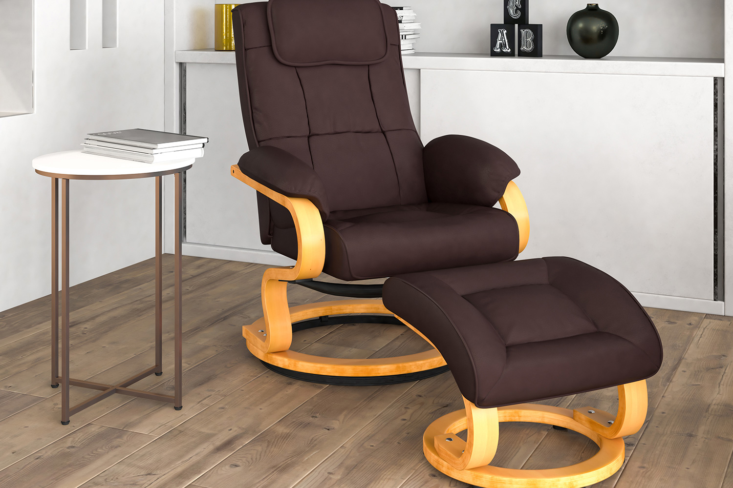 BLNK - Davies LeatherSoft Contemporary Adjustable Recliner and Ottoman with Swivel Maple Wood Base