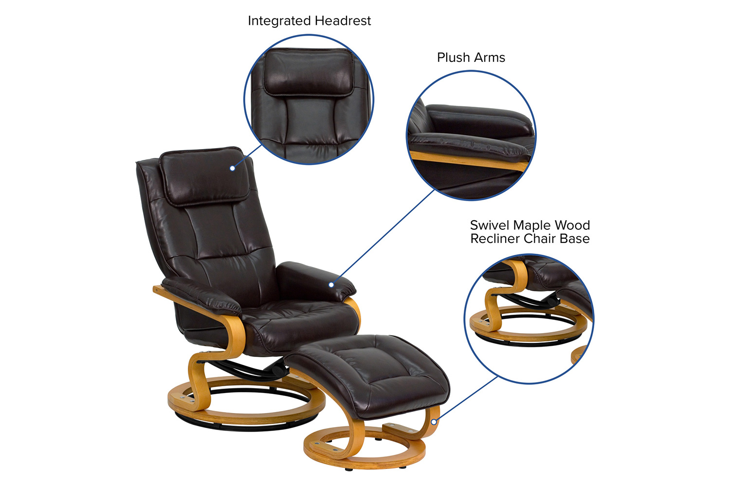 BLNK Davies LeatherSoft Contemporary Adjustable Recliner and Ottoman with Swivel Maple Wood Base - Brown
