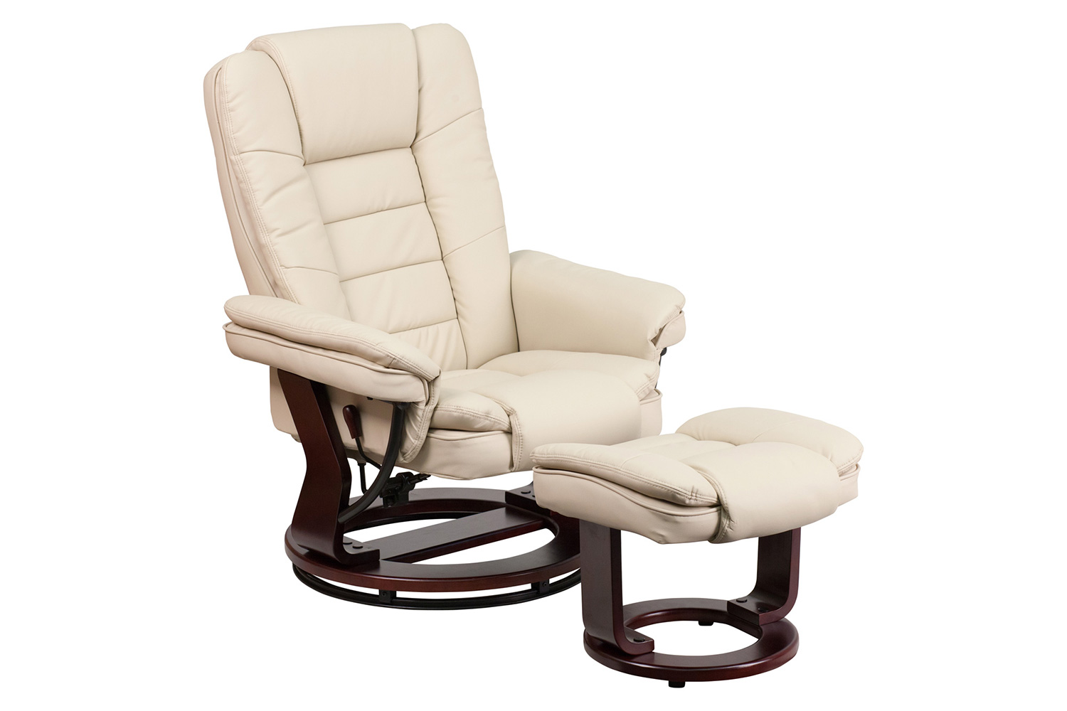 BLNK Bali LeatherSoft Contemporary Multi-Position Recliner with Horizontal Stitching and Ottoman with Swivel Mahogany Wood Base - Beige