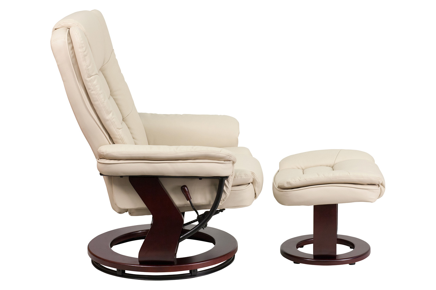 BLNK Bali LeatherSoft Contemporary Multi-Position Recliner with Horizontal Stitching and Ottoman with Swivel Mahogany Wood Base - Beige
