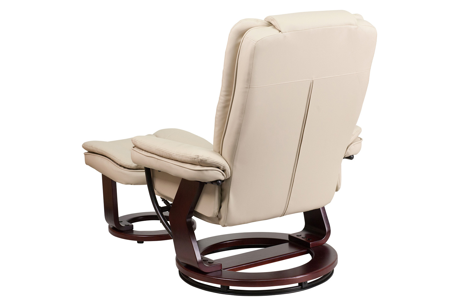 BLNK Bali LeatherSoft Contemporary Multi-Position Recliner with Horizontal Stitching and Ottoman with Swivel Mahogany Wood Base - Beige