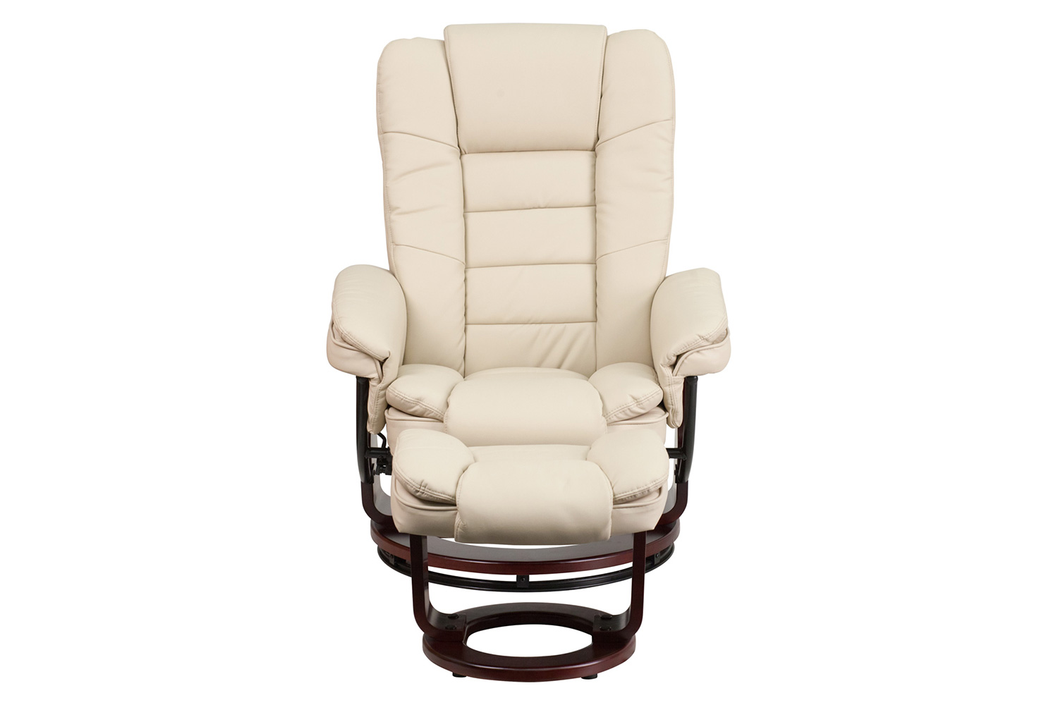BLNK Bali LeatherSoft Contemporary Multi-Position Recliner with Horizontal Stitching and Ottoman with Swivel Mahogany Wood Base - Beige