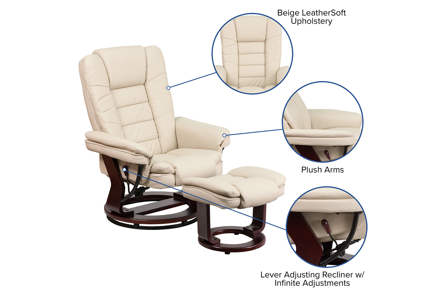 BLNK Bali LeatherSoft Contemporary Multi-Position Recliner with Horizontal Stitching and Ottoman with Swivel Mahogany Wood Base - Beige