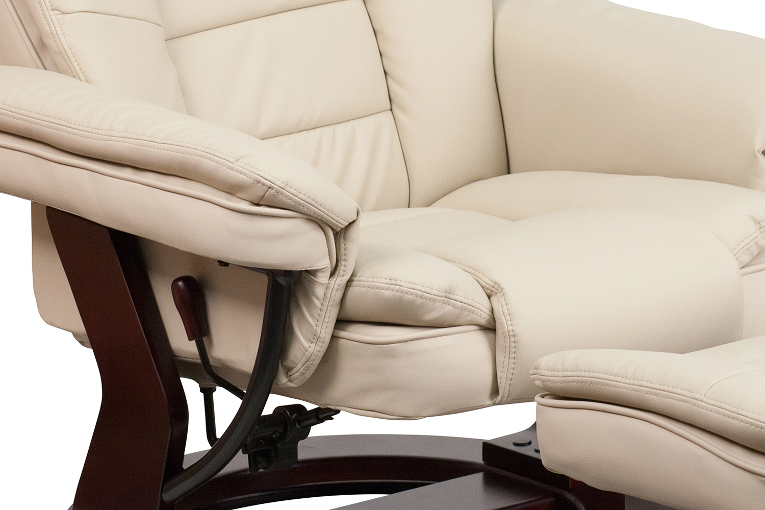 BLNK Bali LeatherSoft Contemporary Multi-Position Recliner with Horizontal Stitching and Ottoman with Swivel Mahogany Wood Base - Beige