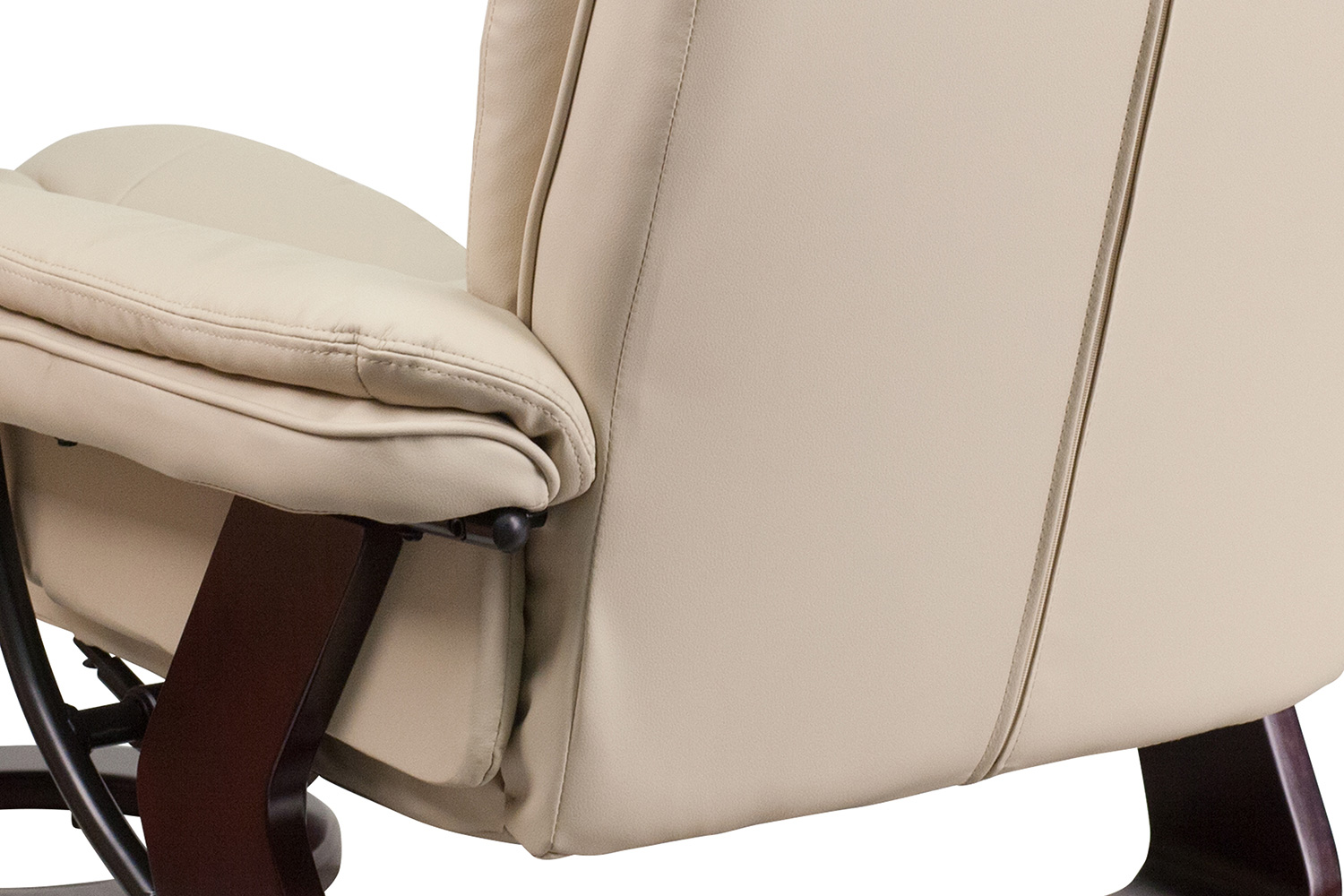 BLNK Bali LeatherSoft Contemporary Multi-Position Recliner with Horizontal Stitching and Ottoman with Swivel Mahogany Wood Base - Beige