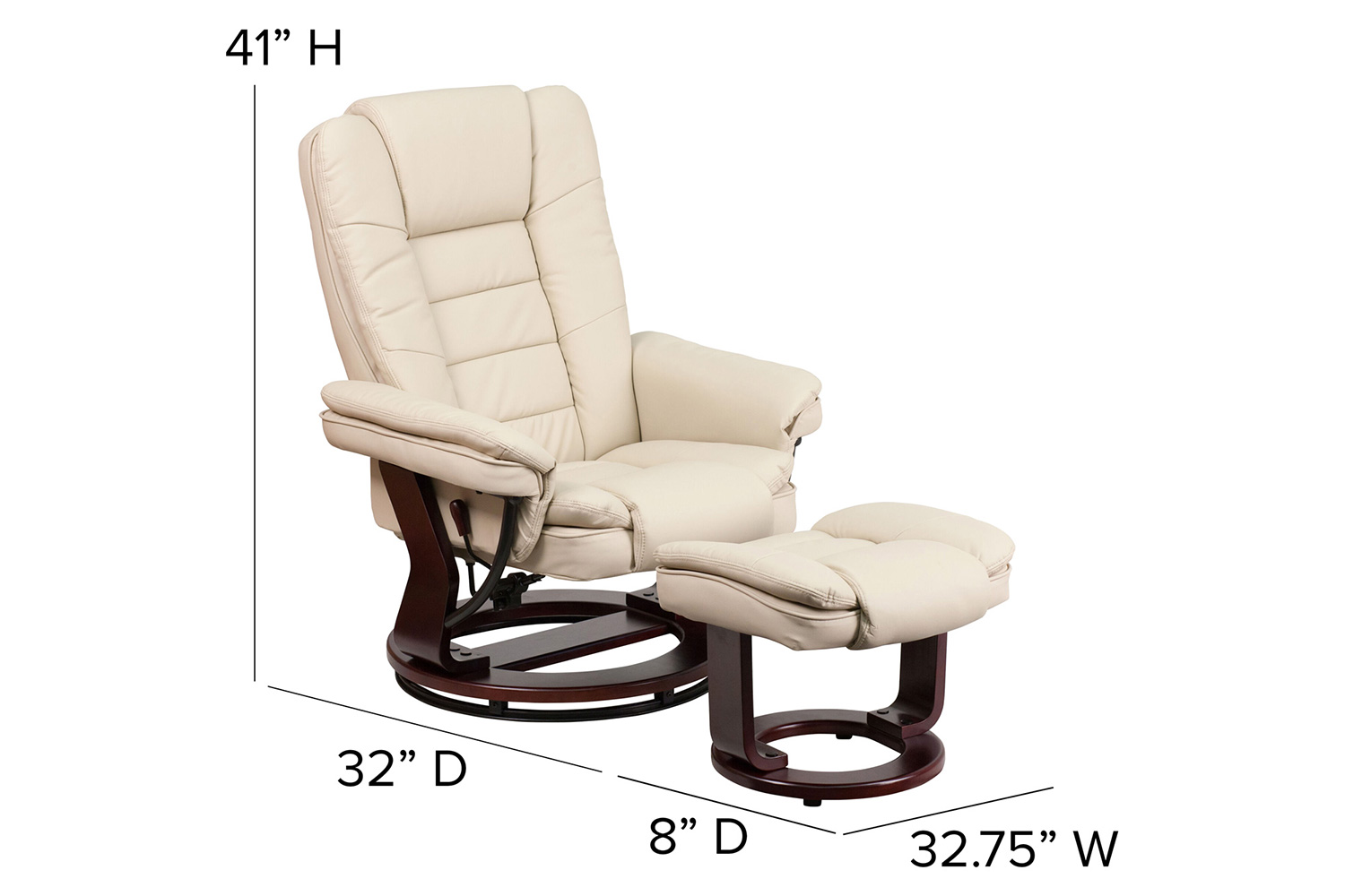 BLNK Bali LeatherSoft Contemporary Multi-Position Recliner with Horizontal Stitching and Ottoman with Swivel Mahogany Wood Base - Beige