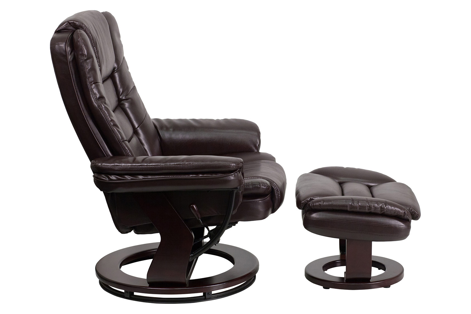 BLNK Bali LeatherSoft Contemporary Multi-Position Recliner with Horizontal Stitching and Ottoman with Swivel Mahogany Wood Base - Brown