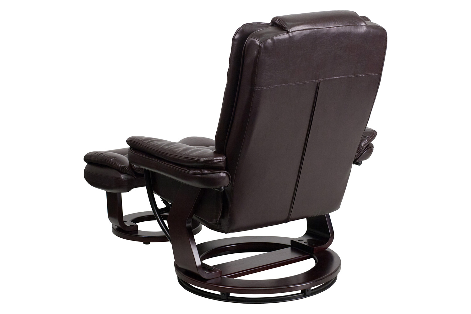 BLNK Bali LeatherSoft Contemporary Multi-Position Recliner with Horizontal Stitching and Ottoman with Swivel Mahogany Wood Base - Brown