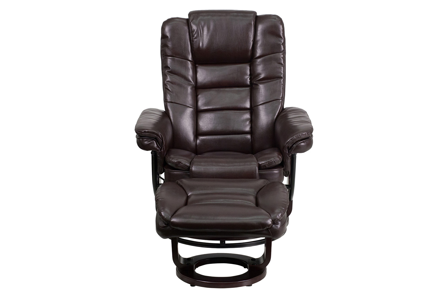 BLNK Bali LeatherSoft Contemporary Multi-Position Recliner with Horizontal Stitching and Ottoman with Swivel Mahogany Wood Base - Brown