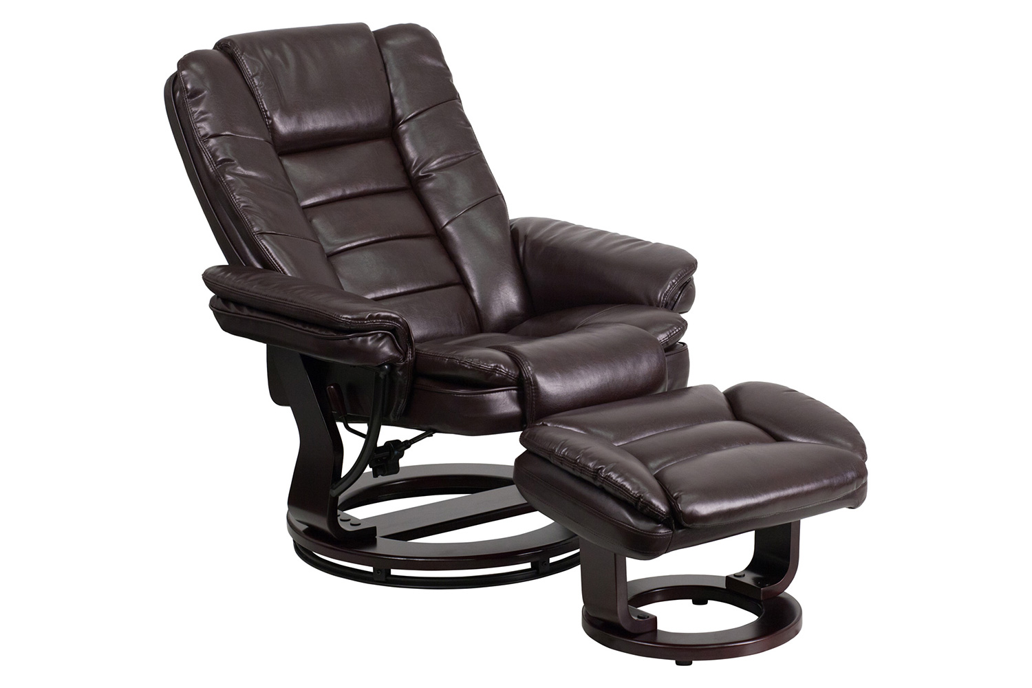BLNK Bali LeatherSoft Contemporary Multi-Position Recliner with Horizontal Stitching and Ottoman with Swivel Mahogany Wood Base - Brown