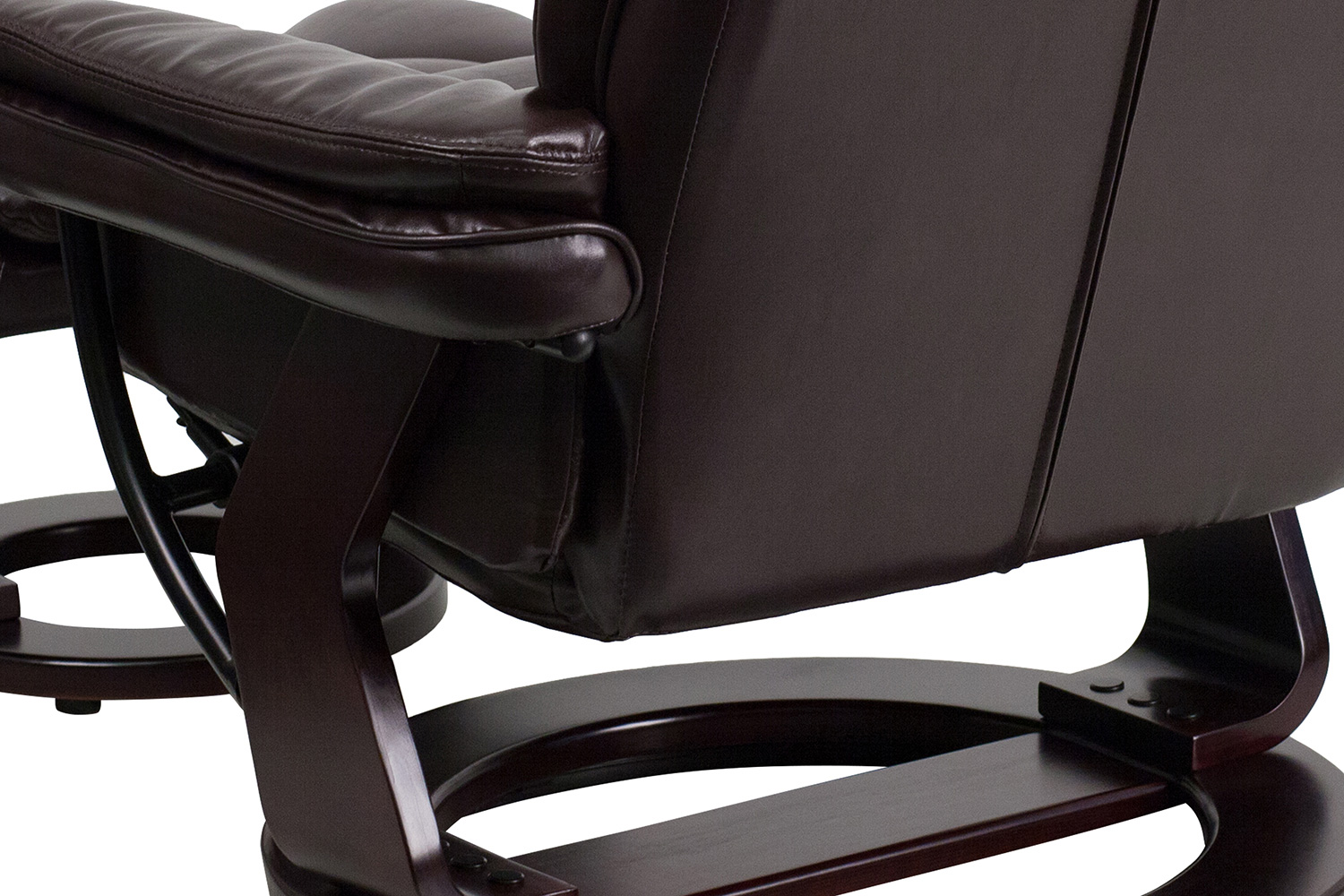 BLNK Bali LeatherSoft Contemporary Multi-Position Recliner with Horizontal Stitching and Ottoman with Swivel Mahogany Wood Base - Brown