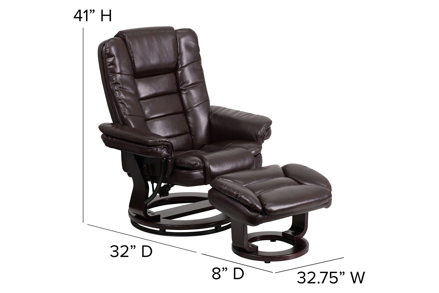 BLNK Bali LeatherSoft Contemporary Multi-Position Recliner with Horizontal Stitching and Ottoman with Swivel Mahogany Wood Base - Brown