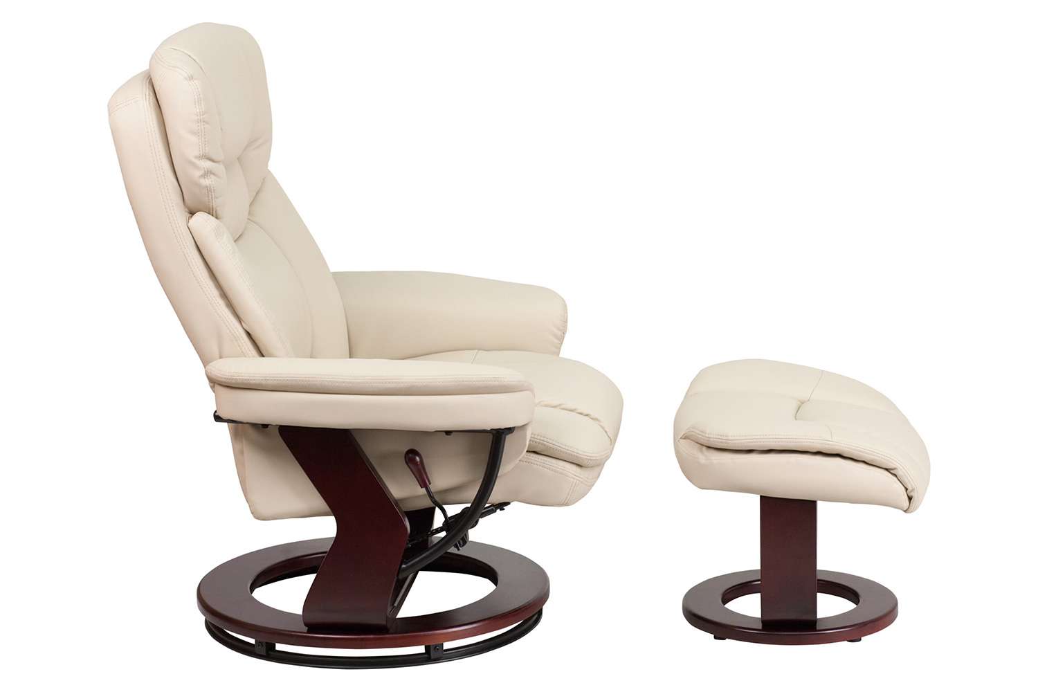 BLNK Allie LeatherSoft Contemporary Multi-Position Recliner and Curved Ottoman with Swivel Mahogany Wood Base - Beige