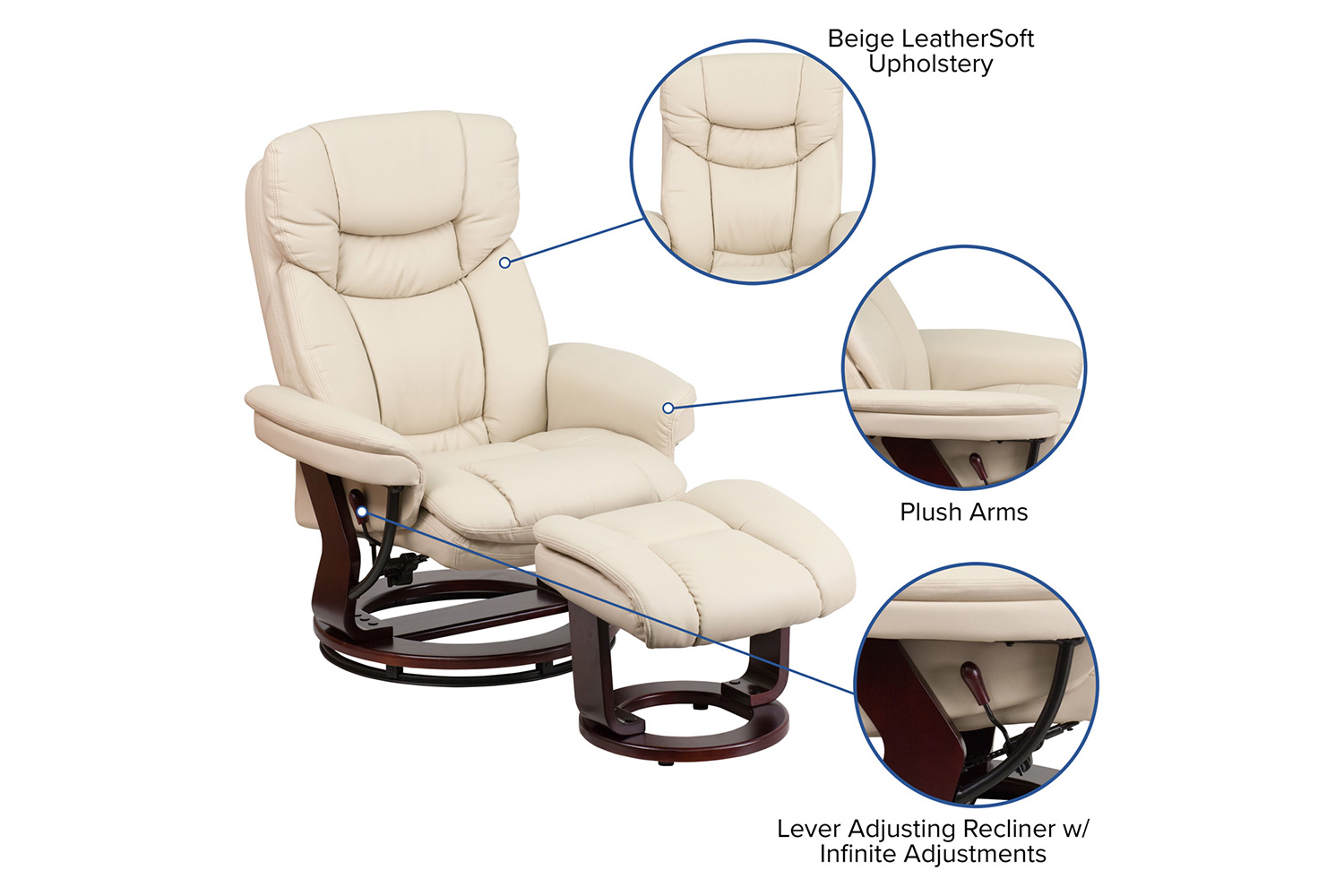 BLNK Allie LeatherSoft Contemporary Multi-Position Recliner and Curved Ottoman with Swivel Mahogany Wood Base - Beige