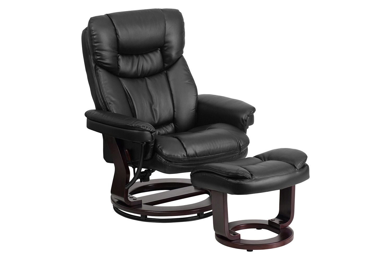 BLNK Allie LeatherSoft Contemporary Multi-Position Recliner and Curved Ottoman with Swivel Mahogany Wood Base - Black