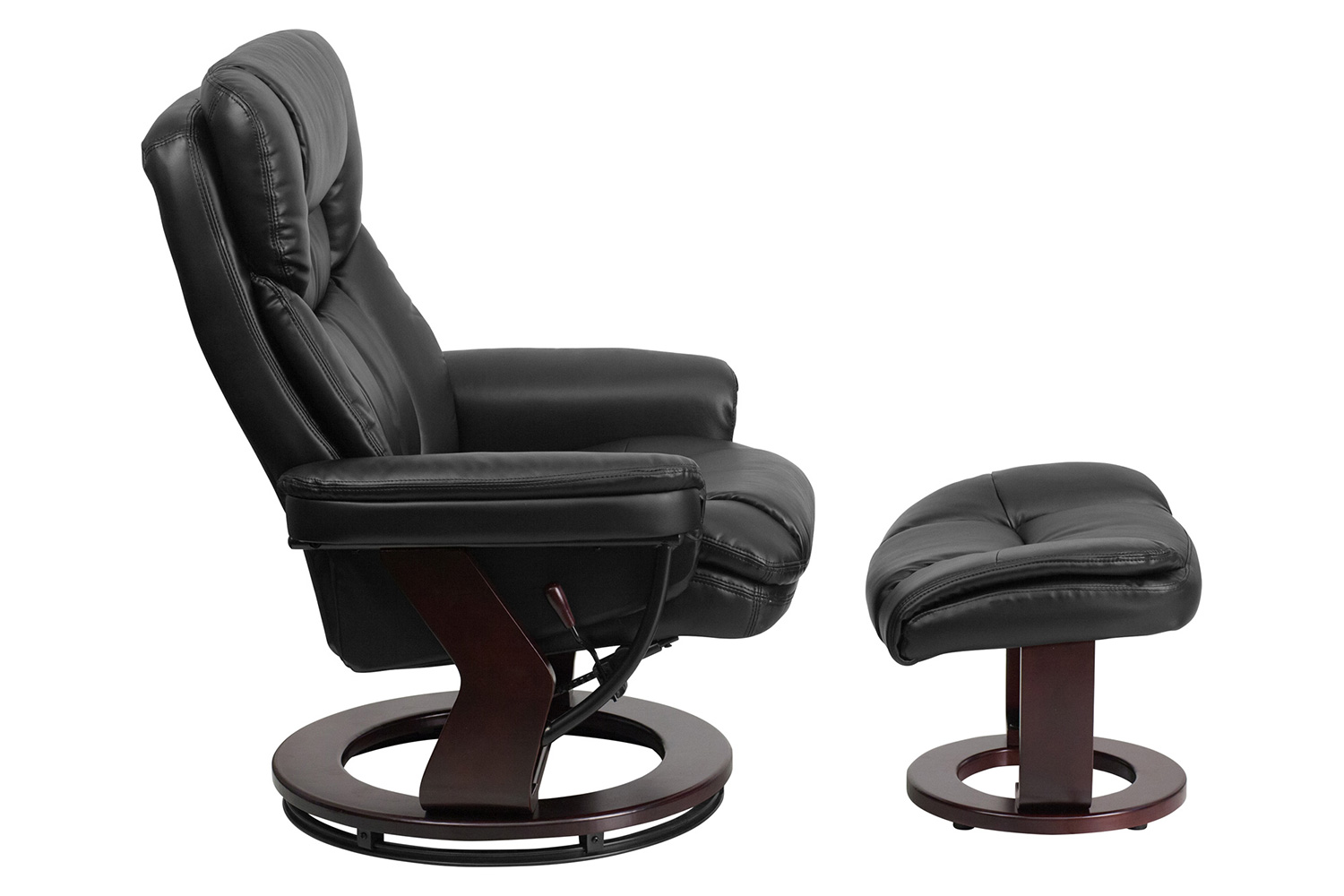 BLNK Allie LeatherSoft Contemporary Multi-Position Recliner and Curved Ottoman with Swivel Mahogany Wood Base - Black