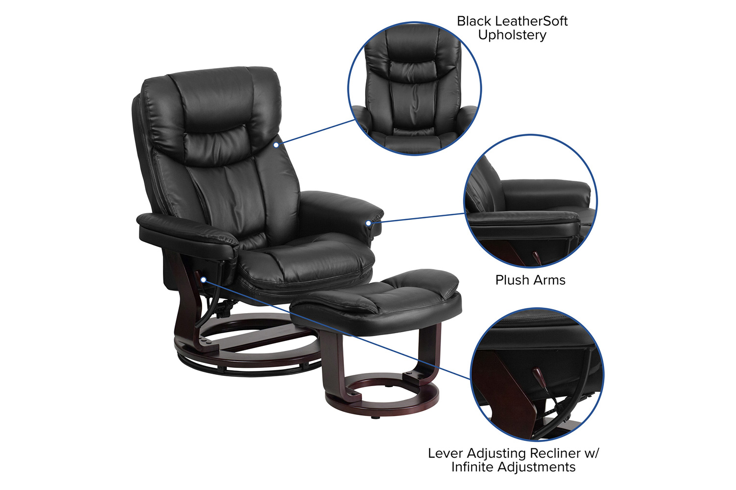 BLNK Allie LeatherSoft Contemporary Multi-Position Recliner and Curved Ottoman with Swivel Mahogany Wood Base - Black