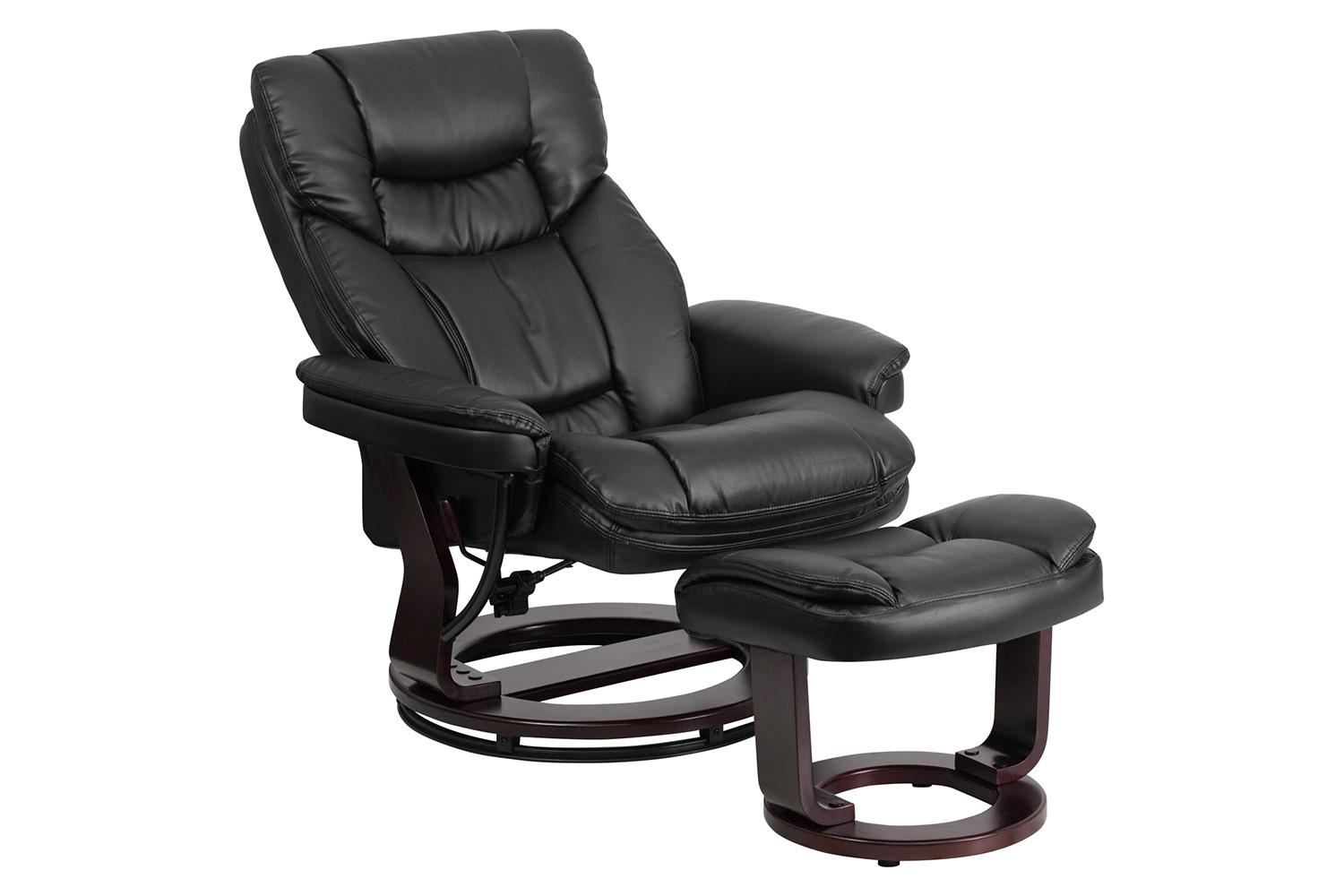 BLNK Allie LeatherSoft Contemporary Multi-Position Recliner and Curved Ottoman with Swivel Mahogany Wood Base - Black