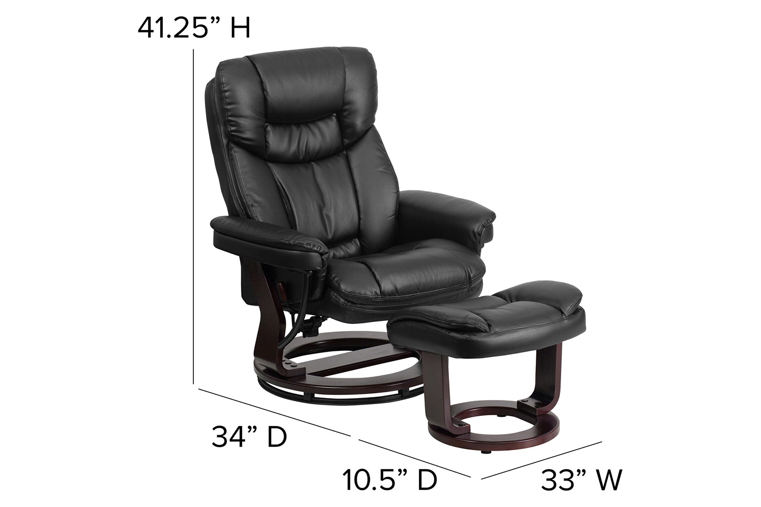 BLNK Allie LeatherSoft Contemporary Multi-Position Recliner and Curved Ottoman with Swivel Mahogany Wood Base - Black