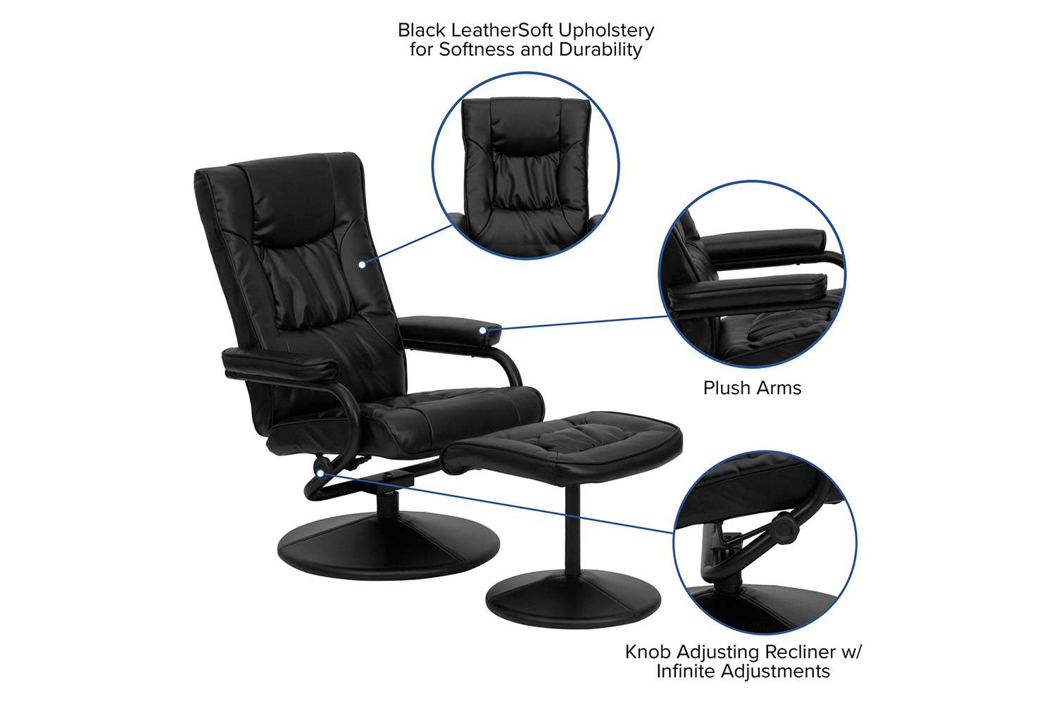 BLNK Rachel LeatherSoft Contemporary Multi-Position Recliner and Ottoman with Wrapped Base - Black