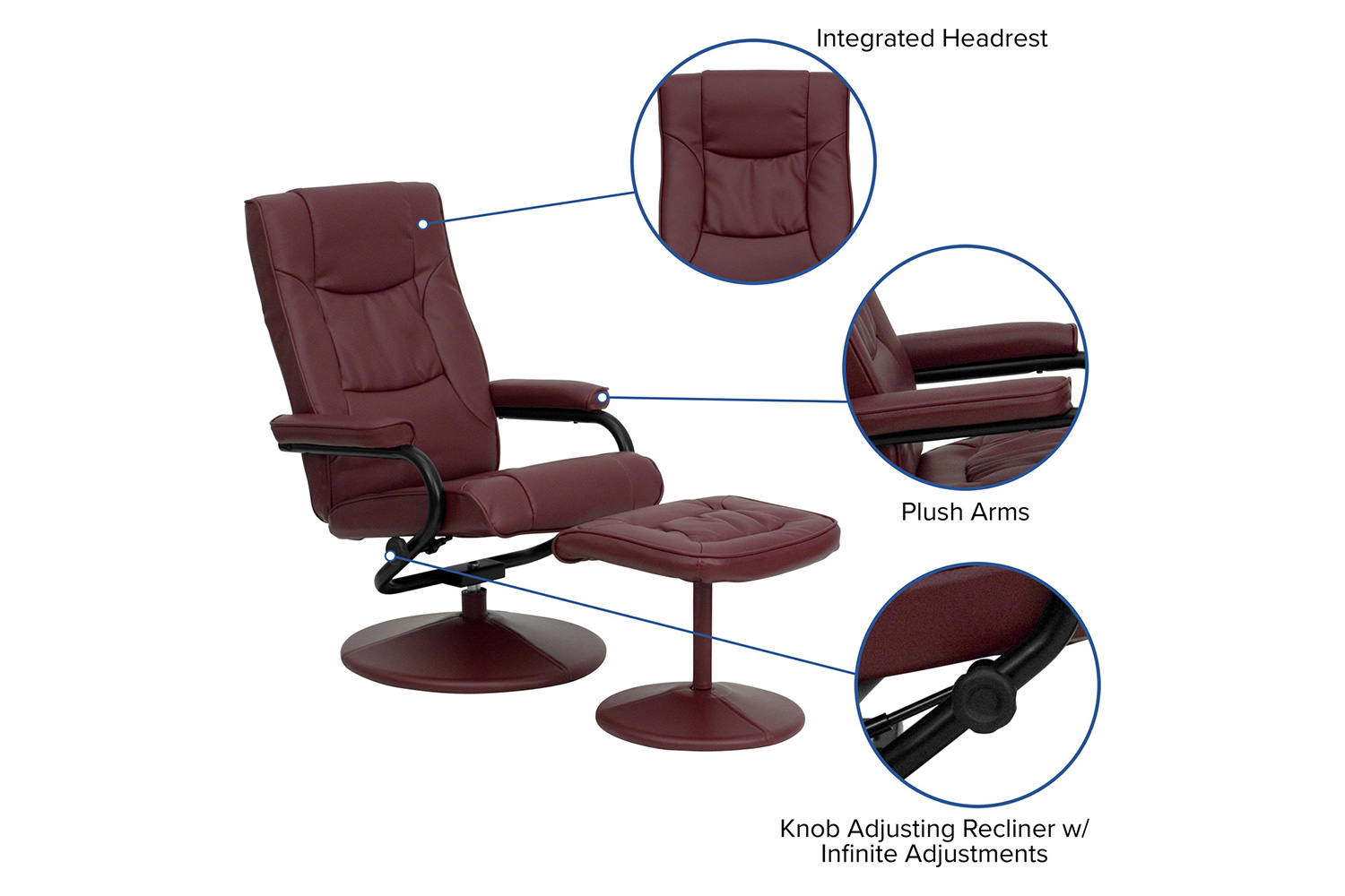 BLNK Rachel LeatherSoft Contemporary Multi-Position Recliner and Ottoman with Wrapped Base - Burgundy