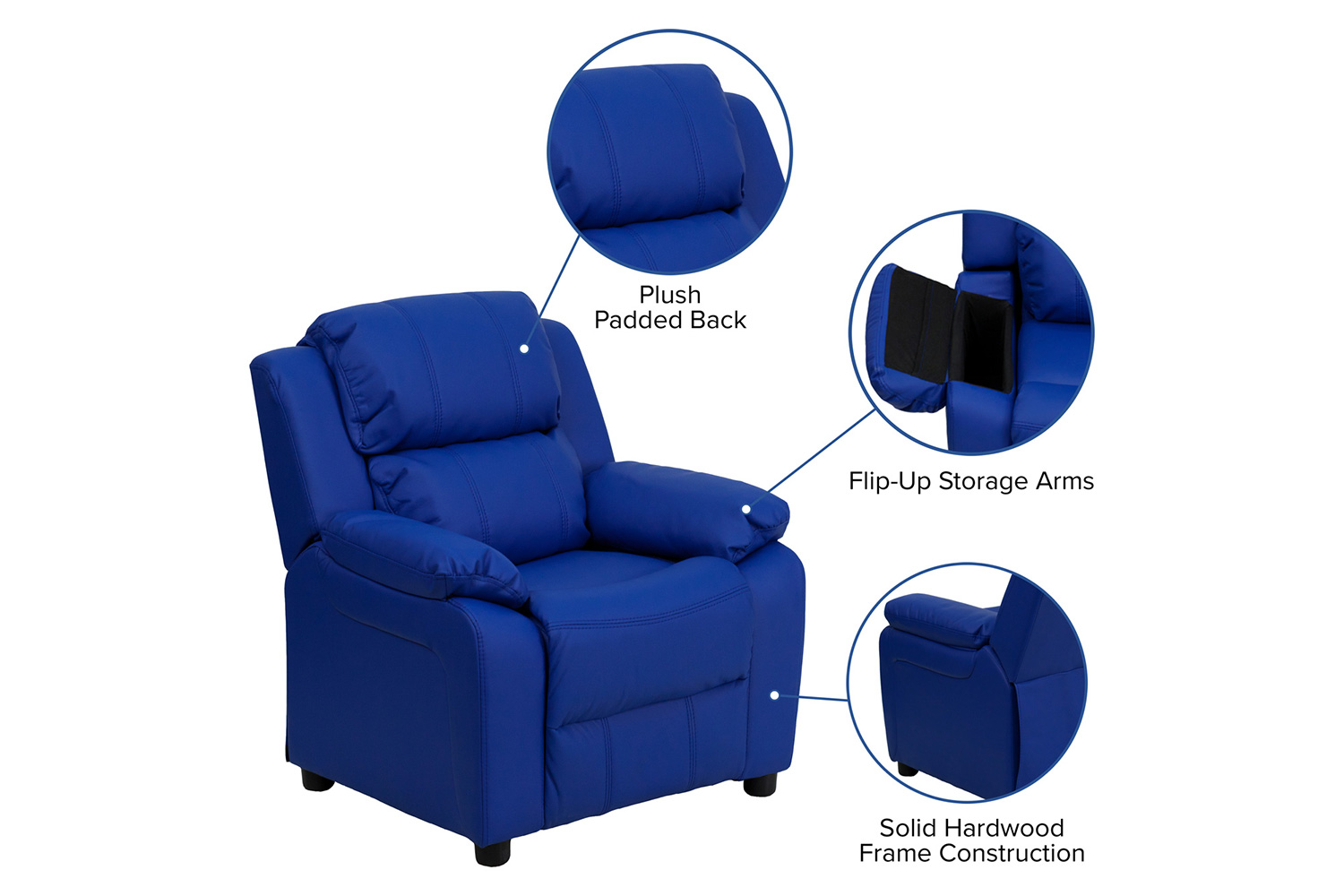 BLNK Charlie Deluxe Vinyl Padded Contemporary Kids Recliner with Storage Arms - Blue