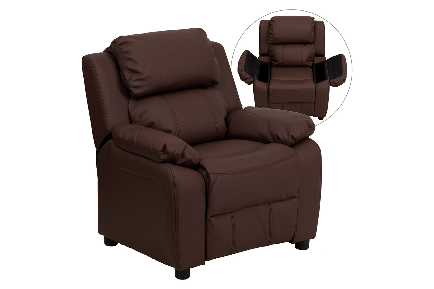 BLNK Charlie Deluxe LeatherSoft Padded Contemporary Kids Recliner with Storage Arms - Brown