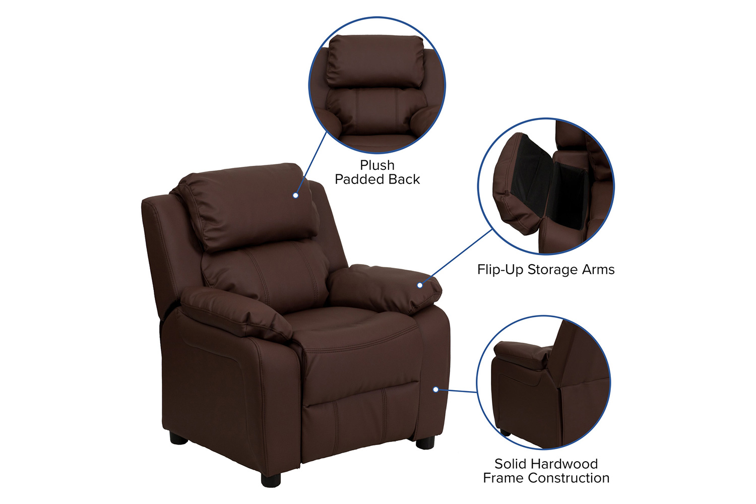 BLNK Charlie Deluxe LeatherSoft Padded Contemporary Kids Recliner with Storage Arms - Brown