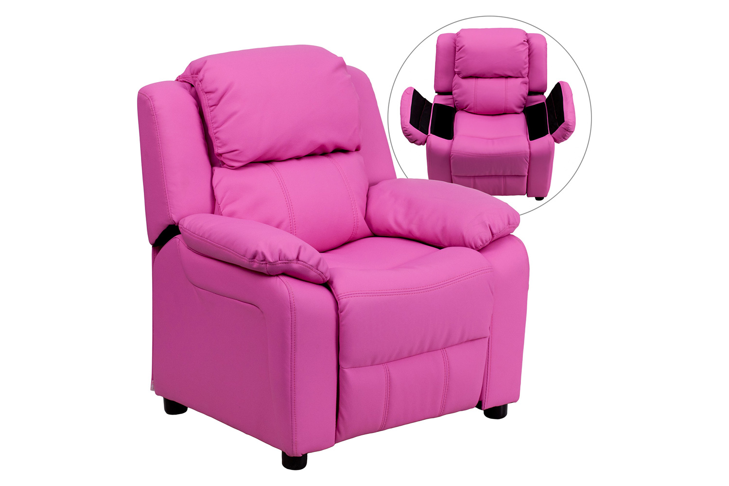 BLNK Charlie Deluxe Vinyl Padded Contemporary Kids Recliner with Storage Arms - Hot Pink