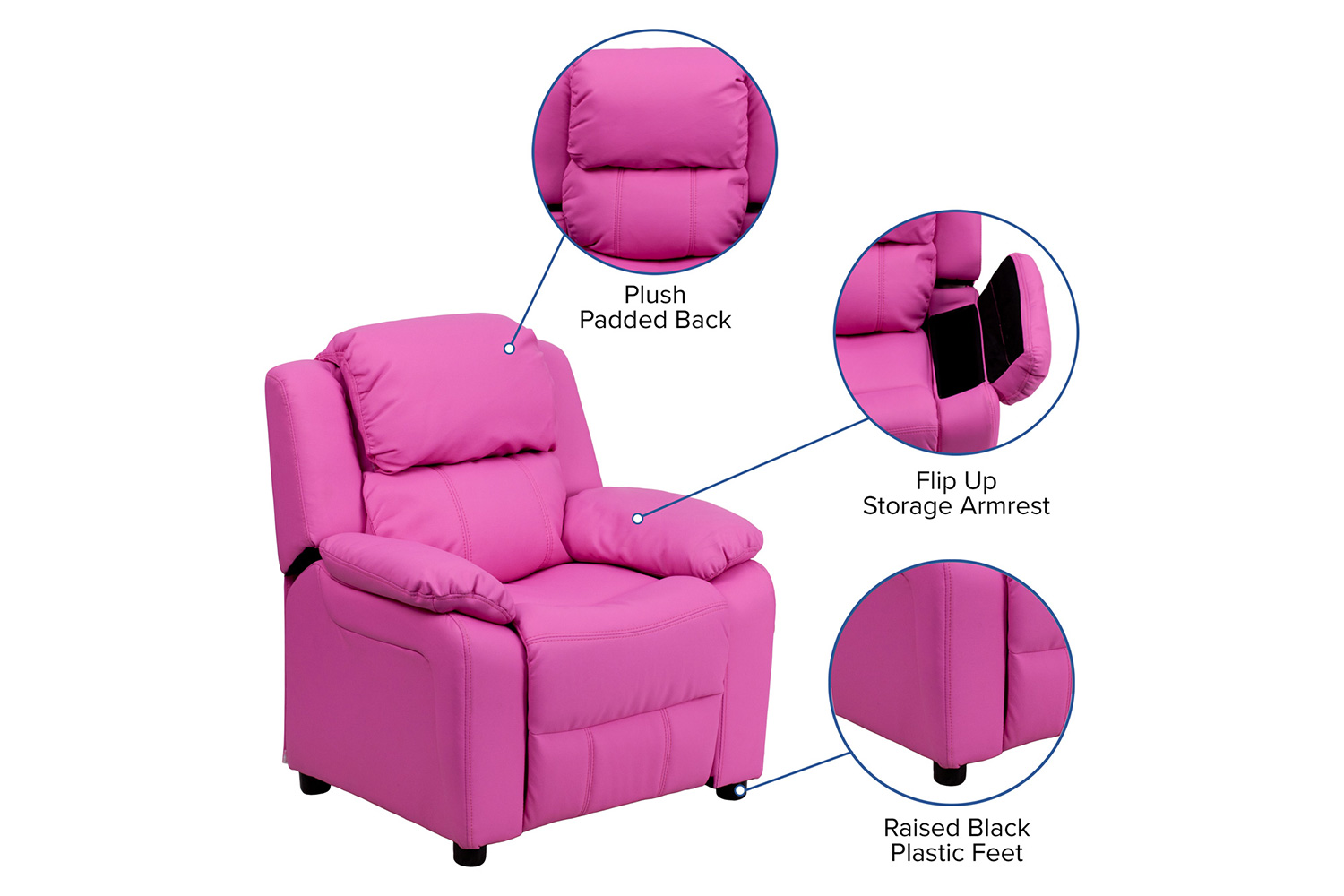 BLNK Charlie Deluxe Vinyl Padded Contemporary Kids Recliner with Storage Arms - Hot Pink