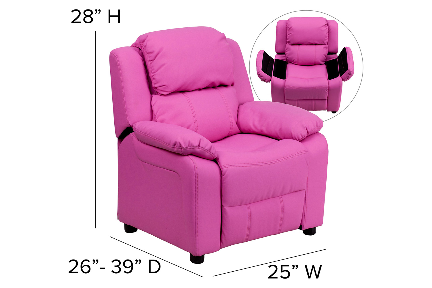 BLNK Charlie Deluxe Vinyl Padded Contemporary Kids Recliner with Storage Arms - Hot Pink