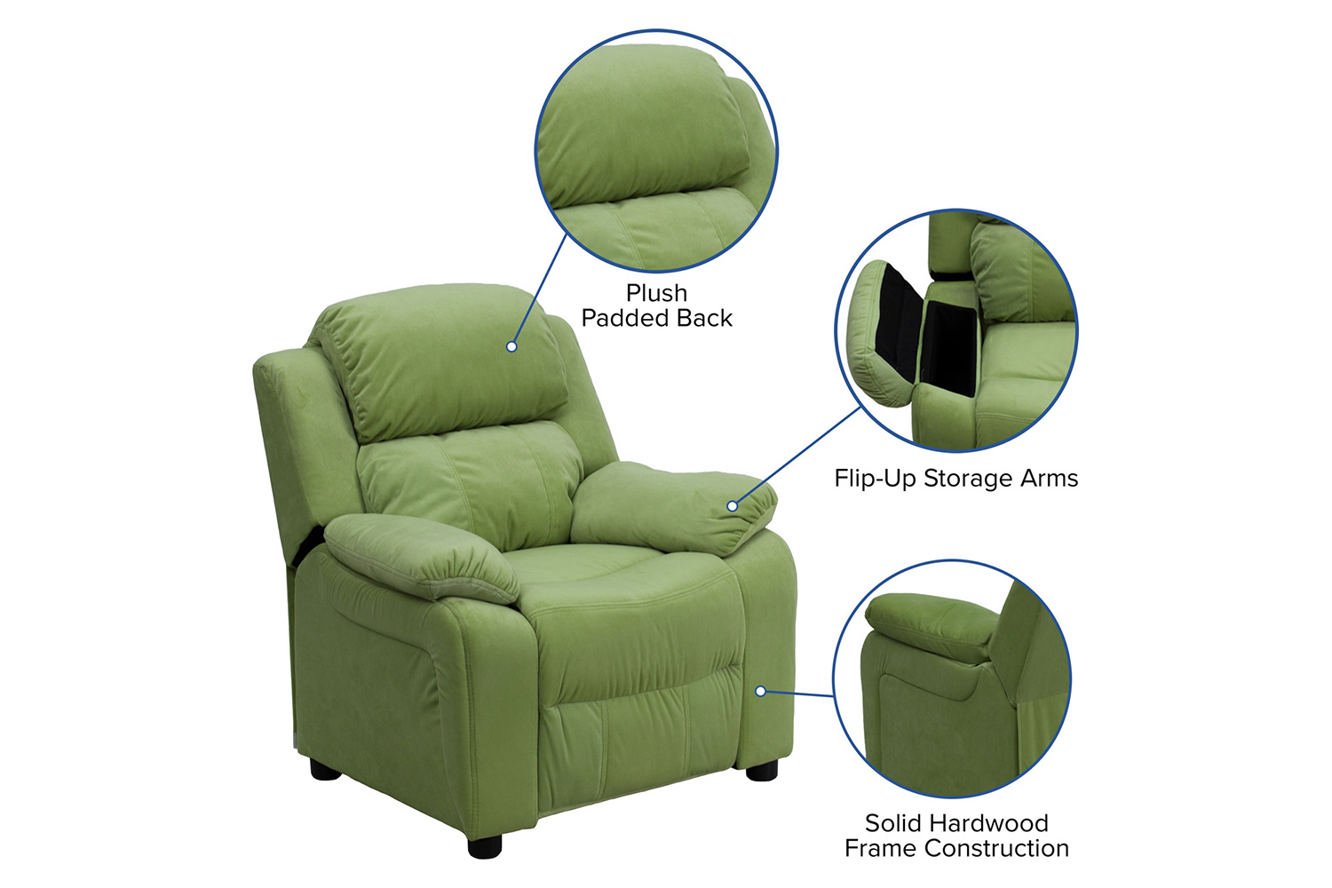 BLNK Charlie Deluxe Microfiber Padded Contemporary Kids Recliner with Storage Arms - Avocado