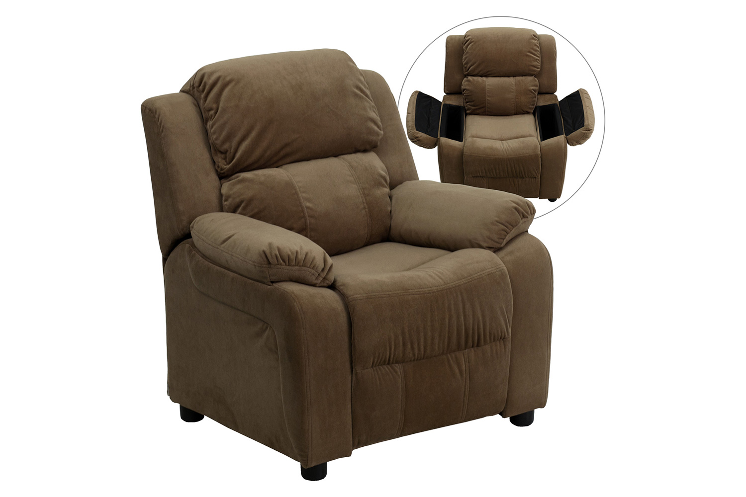 BLNK Charlie Deluxe Microfiber Padded Contemporary Kids Recliner with Storage Arms - Brown