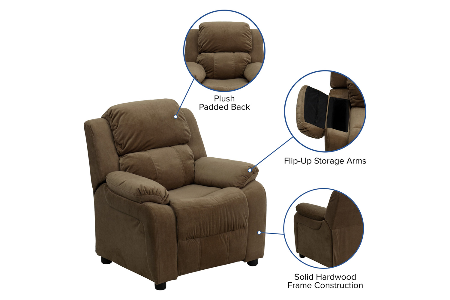 BLNK Charlie Deluxe Microfiber Padded Contemporary Kids Recliner with Storage Arms - Brown