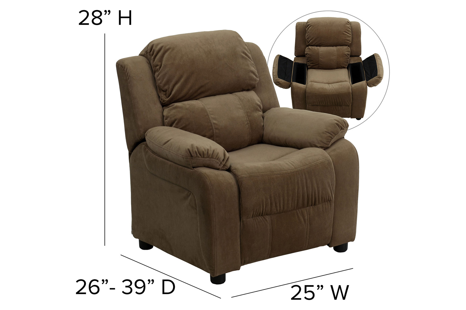BLNK Charlie Deluxe Microfiber Padded Contemporary Kids Recliner with Storage Arms - Brown