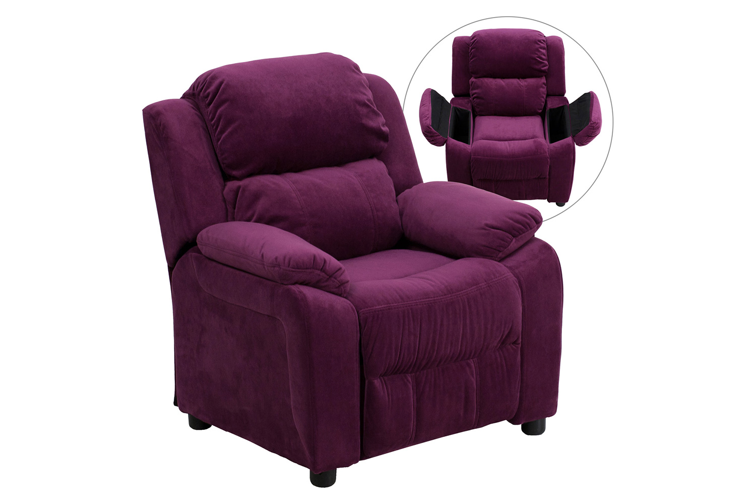 BLNK Charlie Deluxe Microfiber Padded Contemporary Kids Recliner with Storage Arms - Purple