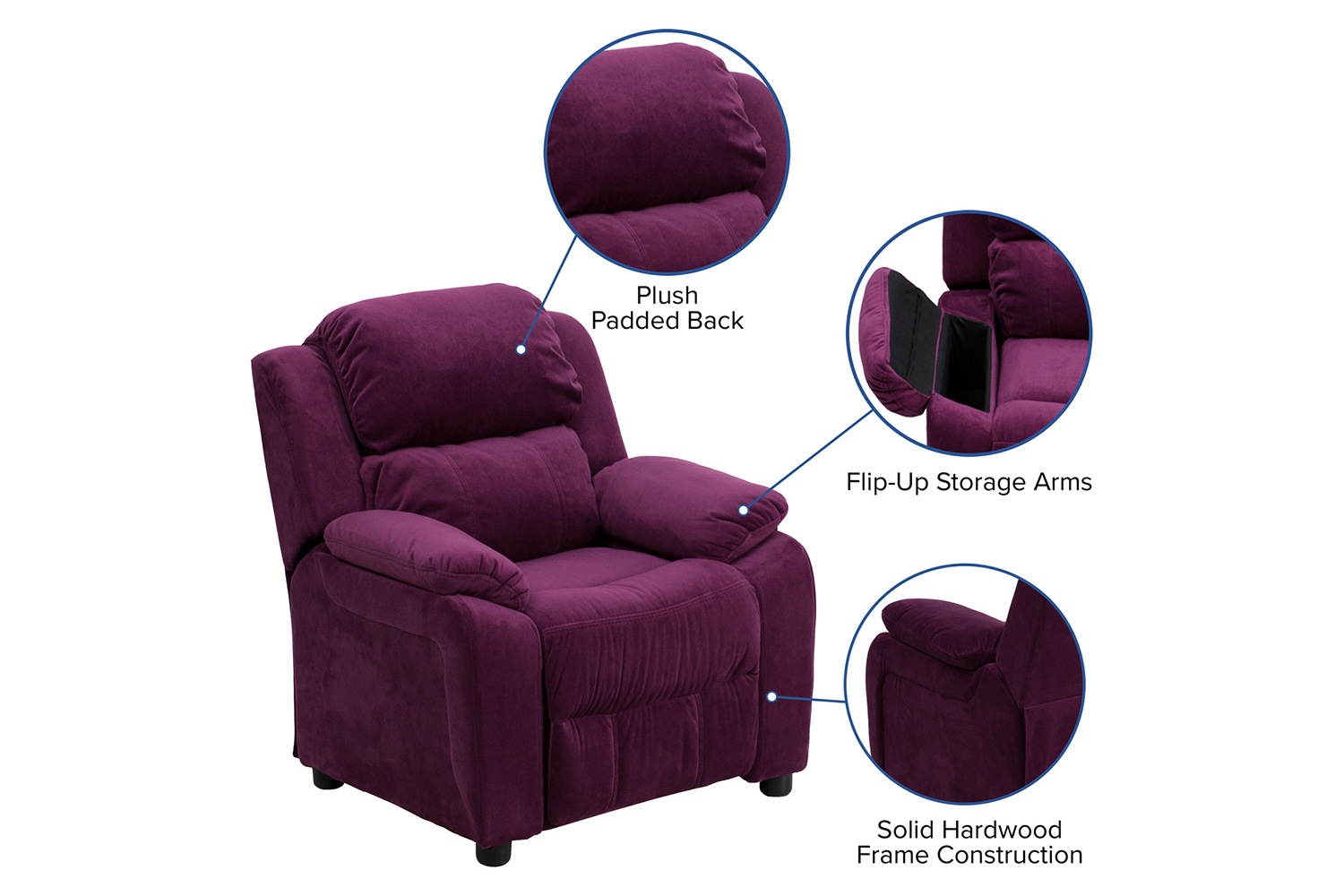 BLNK Charlie Deluxe Microfiber Padded Contemporary Kids Recliner with Storage Arms - Purple