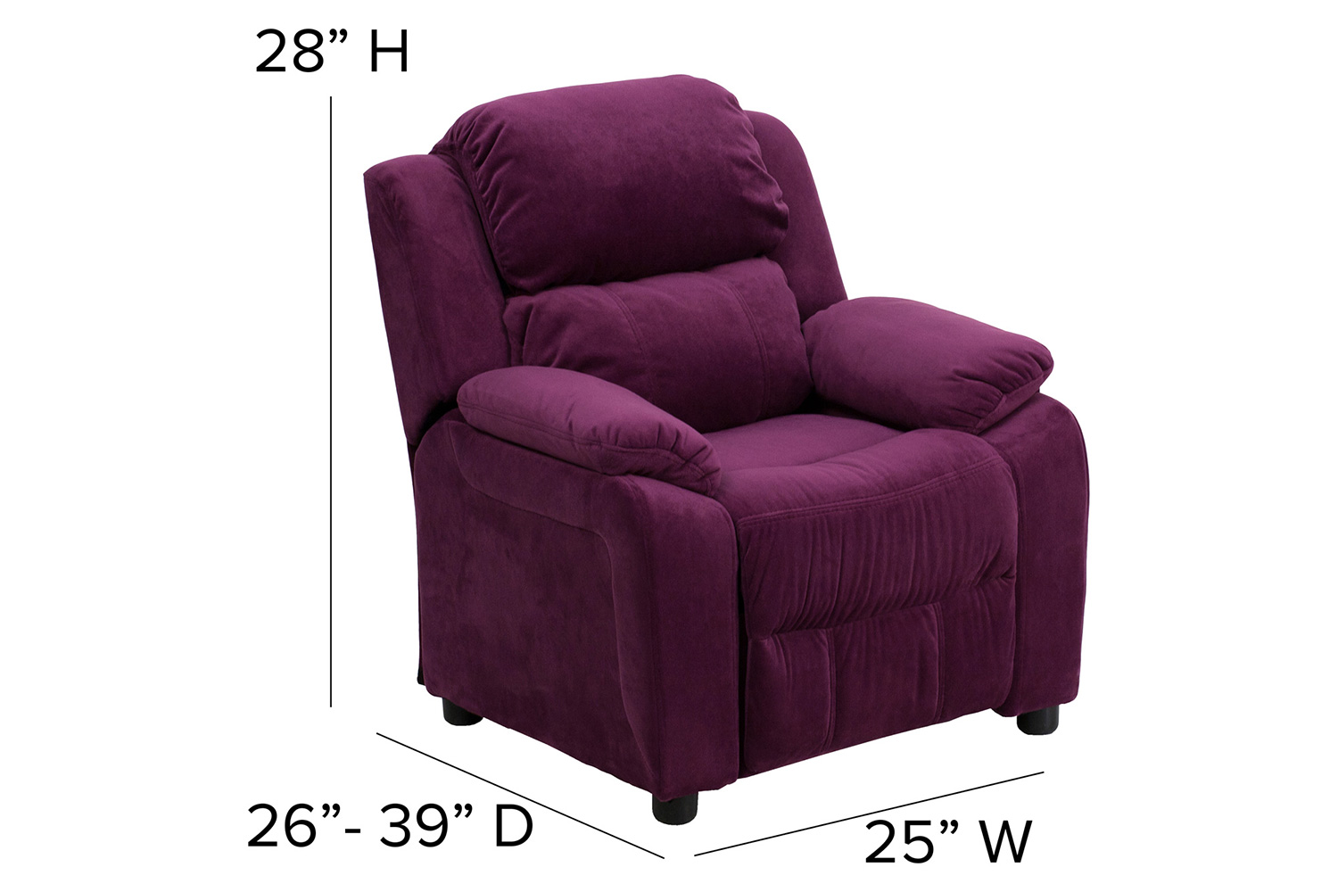 BLNK Charlie Deluxe Microfiber Padded Contemporary Kids Recliner with Storage Arms - Purple