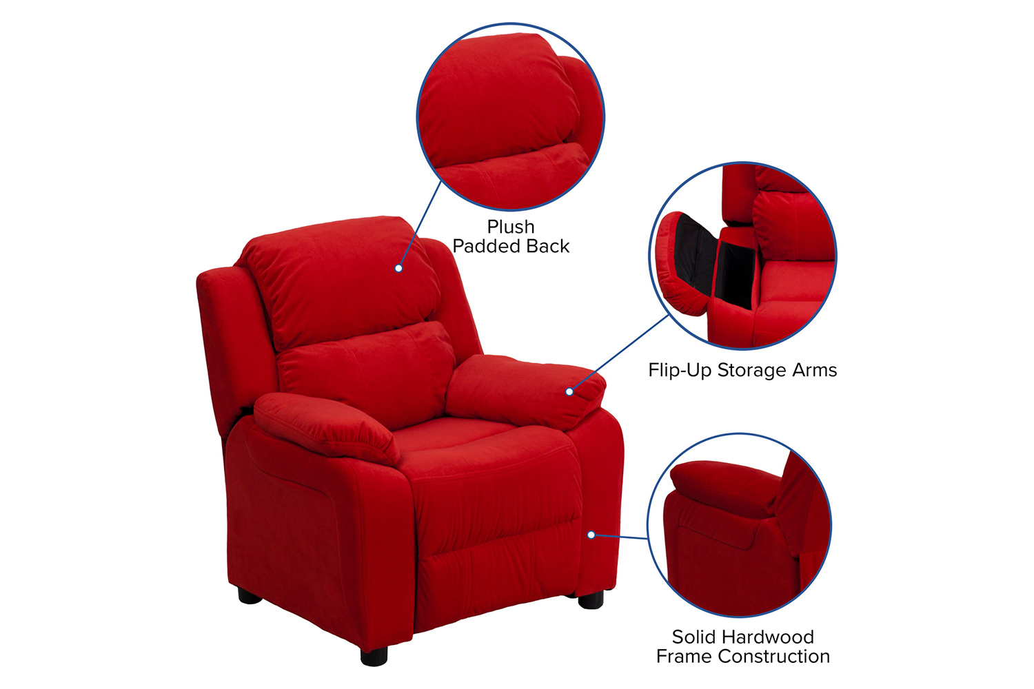 BLNK Charlie Deluxe Microfiber Padded Contemporary Kids Recliner with Storage Arms - Red