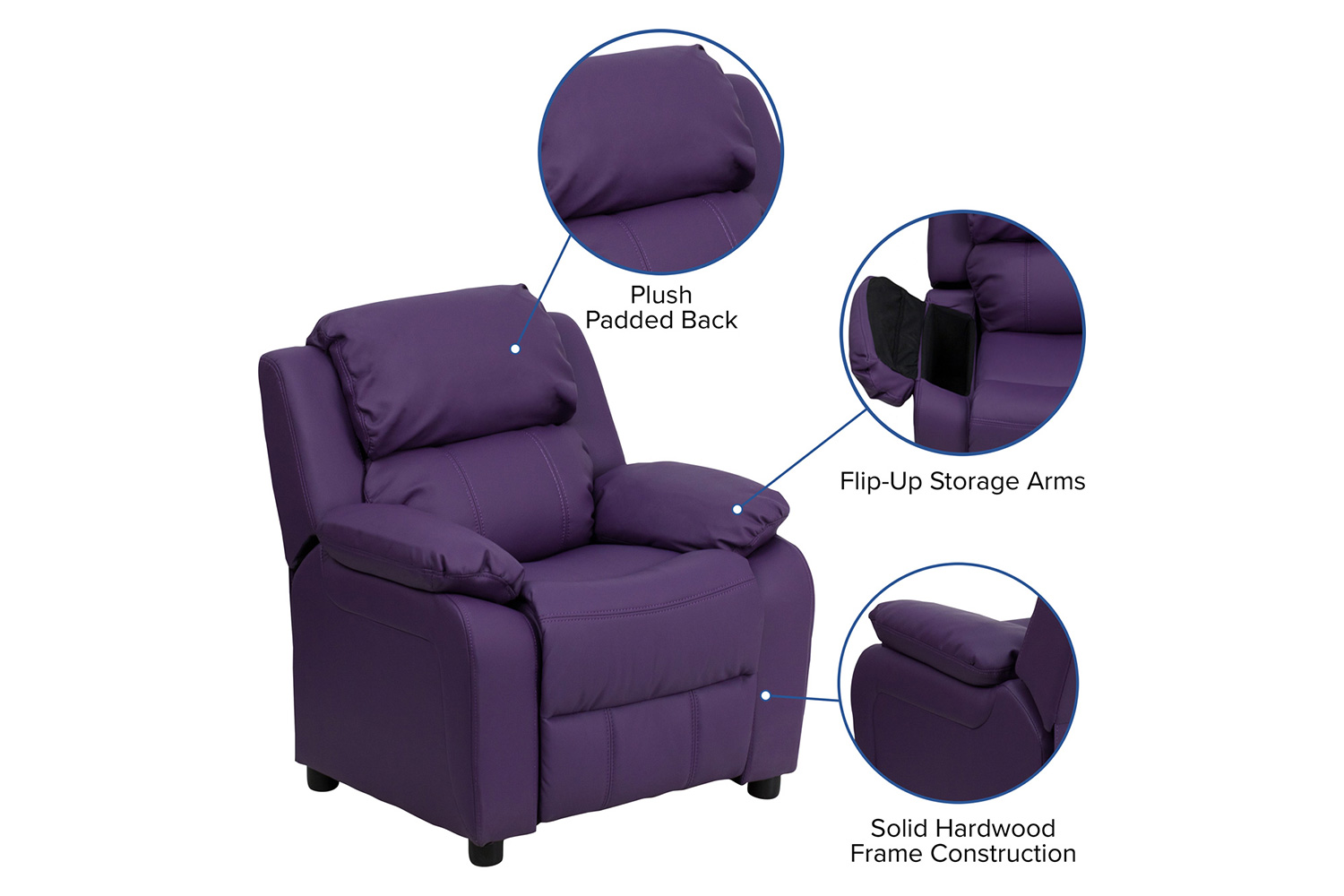 BLNK Charlie Deluxe Vinyl Padded Contemporary Kids Recliner with Storage Arms - Purple