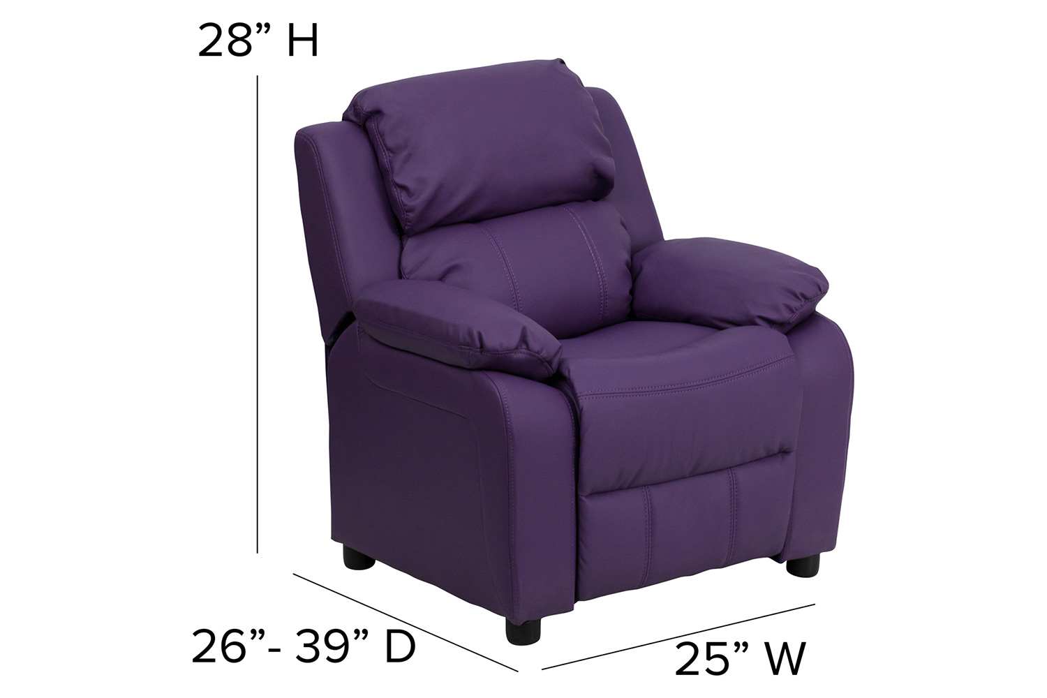 BLNK Charlie Deluxe Vinyl Padded Contemporary Kids Recliner with Storage Arms - Purple
