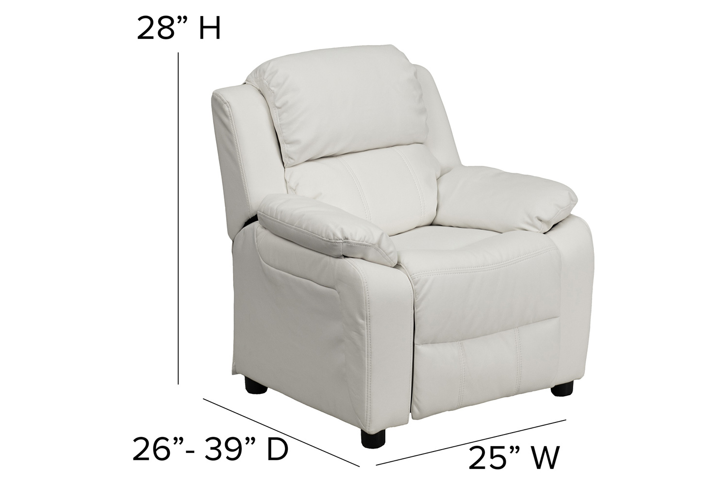 BLNK Charlie Deluxe Vinyl Padded Contemporary Kids Recliner with Storage Arms - White