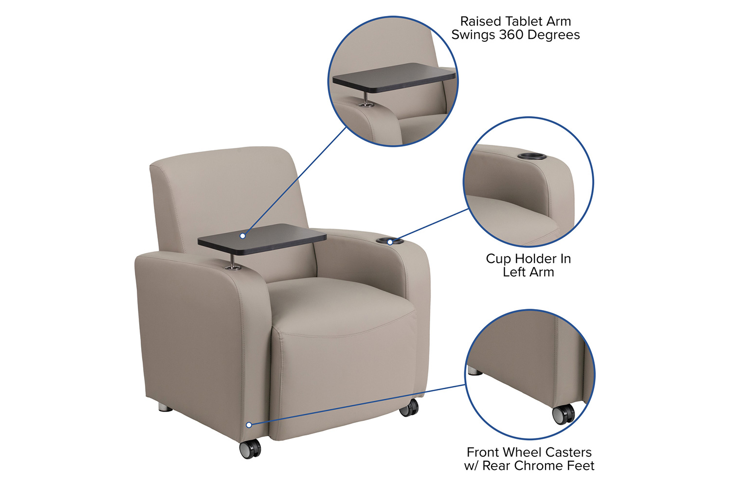 BLNK George LeatherSoft Guest Chair with Tablet Arm, Front Wheel Casters and Cup Holder - Gray
