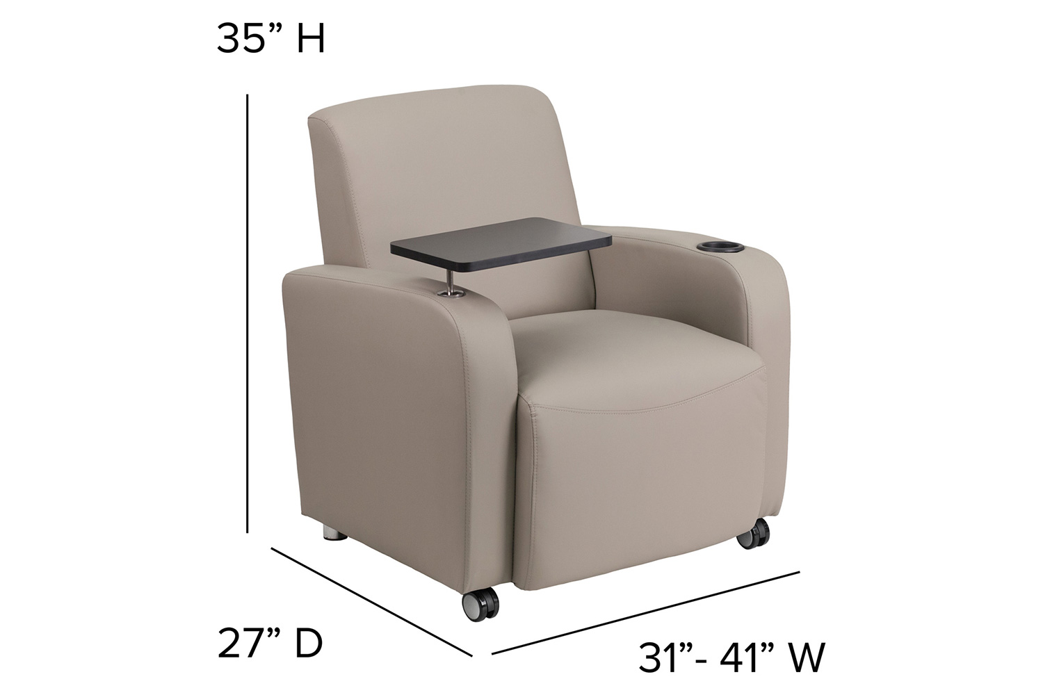 BLNK George LeatherSoft Guest Chair with Tablet Arm, Front Wheel Casters and Cup Holder - Gray