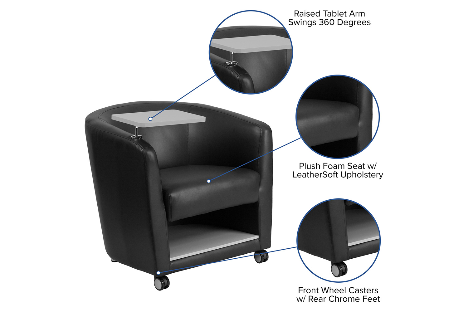 BLNK George LeatherSoft Guest Chair with Tablet Arm, Front Wheel Casters and Under Seat Storage - Gray Table